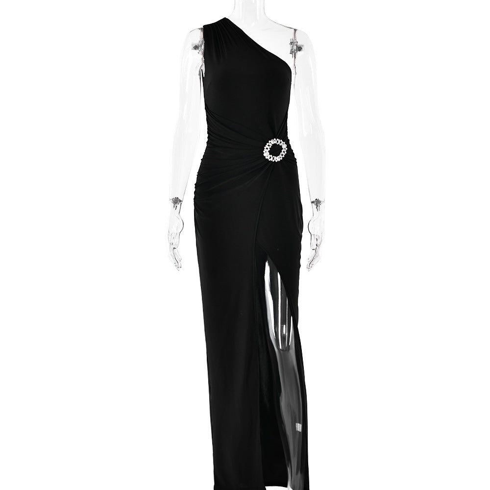 Summer Sexy Dress One Shoulder Sleeveless High Slit Slim Fit Maxi Dress Black