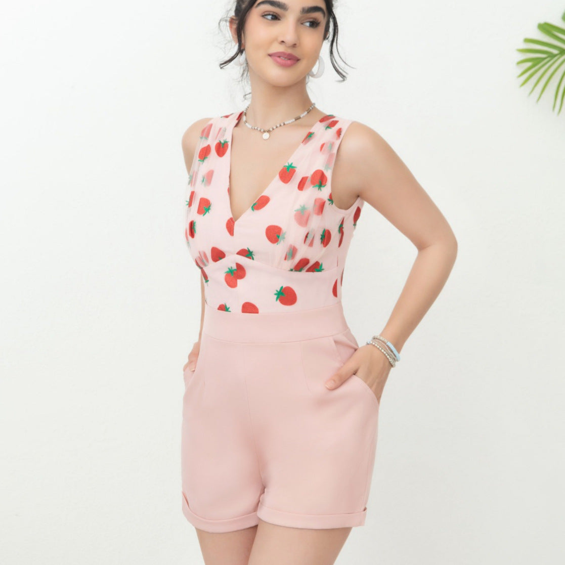 Women Clothing Cute V neck Strawberry Mesh Stitching Romper Women High Grade Summer Casual Women Clothing Pink