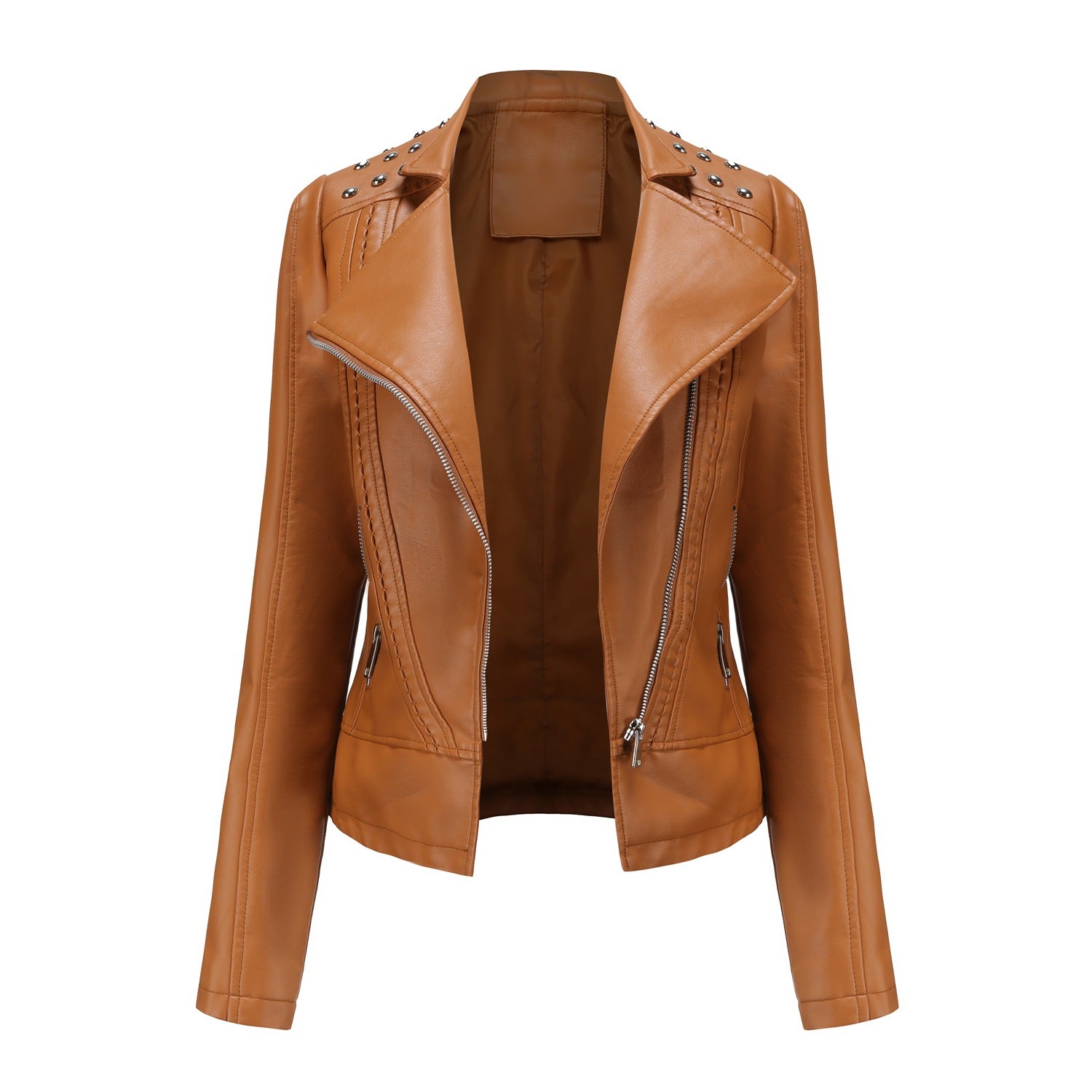 Women Rivet Leather Jacket Women Jacket Collared Motorcycle Clothing Thin Spring Autumn Women Jacket camel