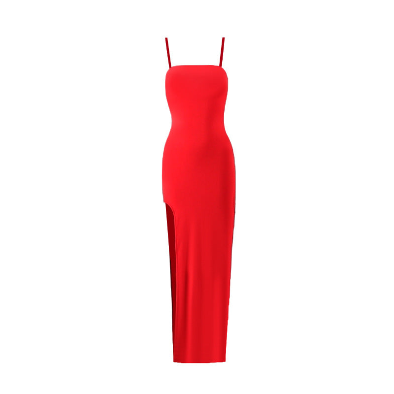 Summer Sexy Sling Backless Side Slit Solid Color Maxi Dress Women Clothing Red