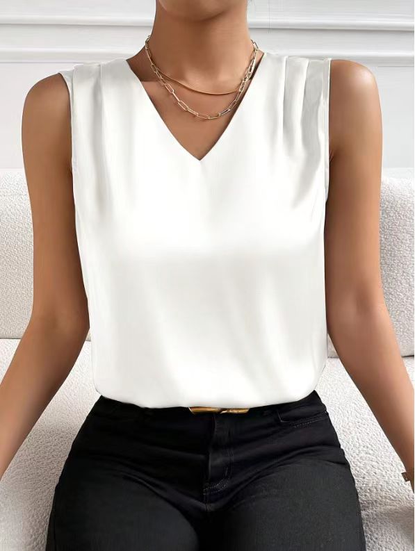 Women Satin Tank Top Office Vest Bottoming Top White