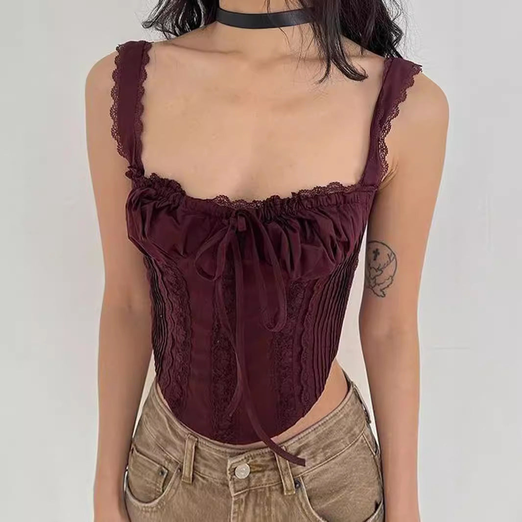 Women Clothing Lace Stitching Lace up Short Irregular Asymmetric Sexy Top Sexy Camisole Women