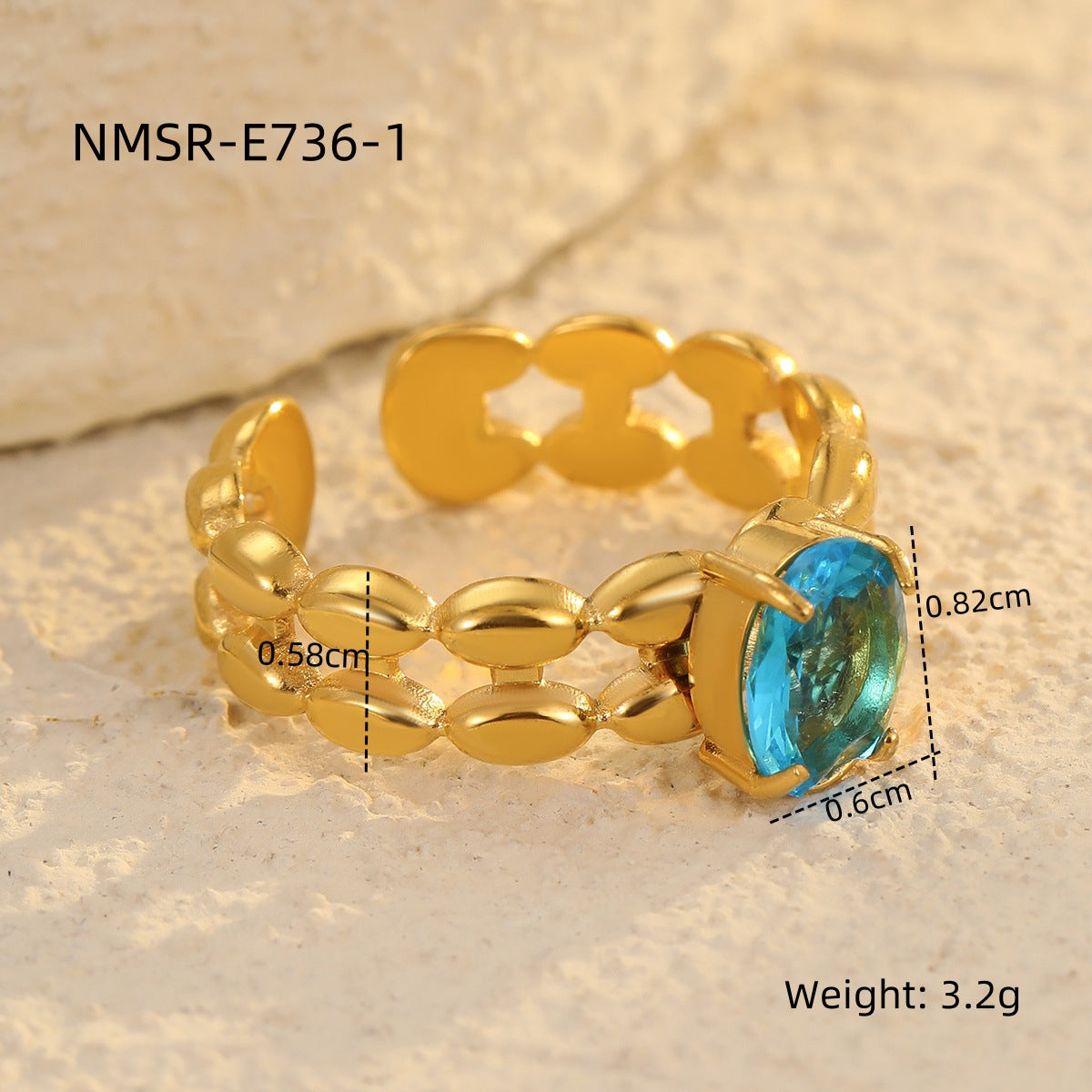 Wild Inlaid Zircon Stainless Steel Ring Non Fading Women 18K Gold Plating Titanium Steel Ornament One Size Blue