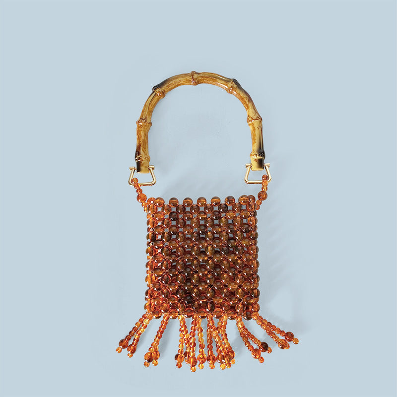 Autumn 24 Faux Bamboo Hand Woven Beads Pearl Tassel Cocktail Amber Handbag