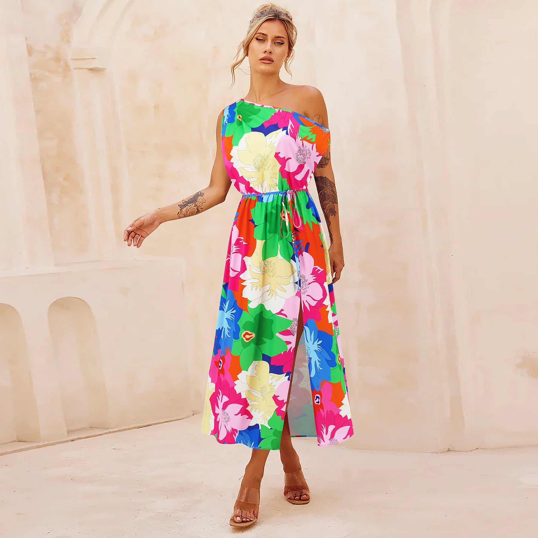 Spring Summer Elegant Slim Printed Dress Off Neck Slit Belt Dress