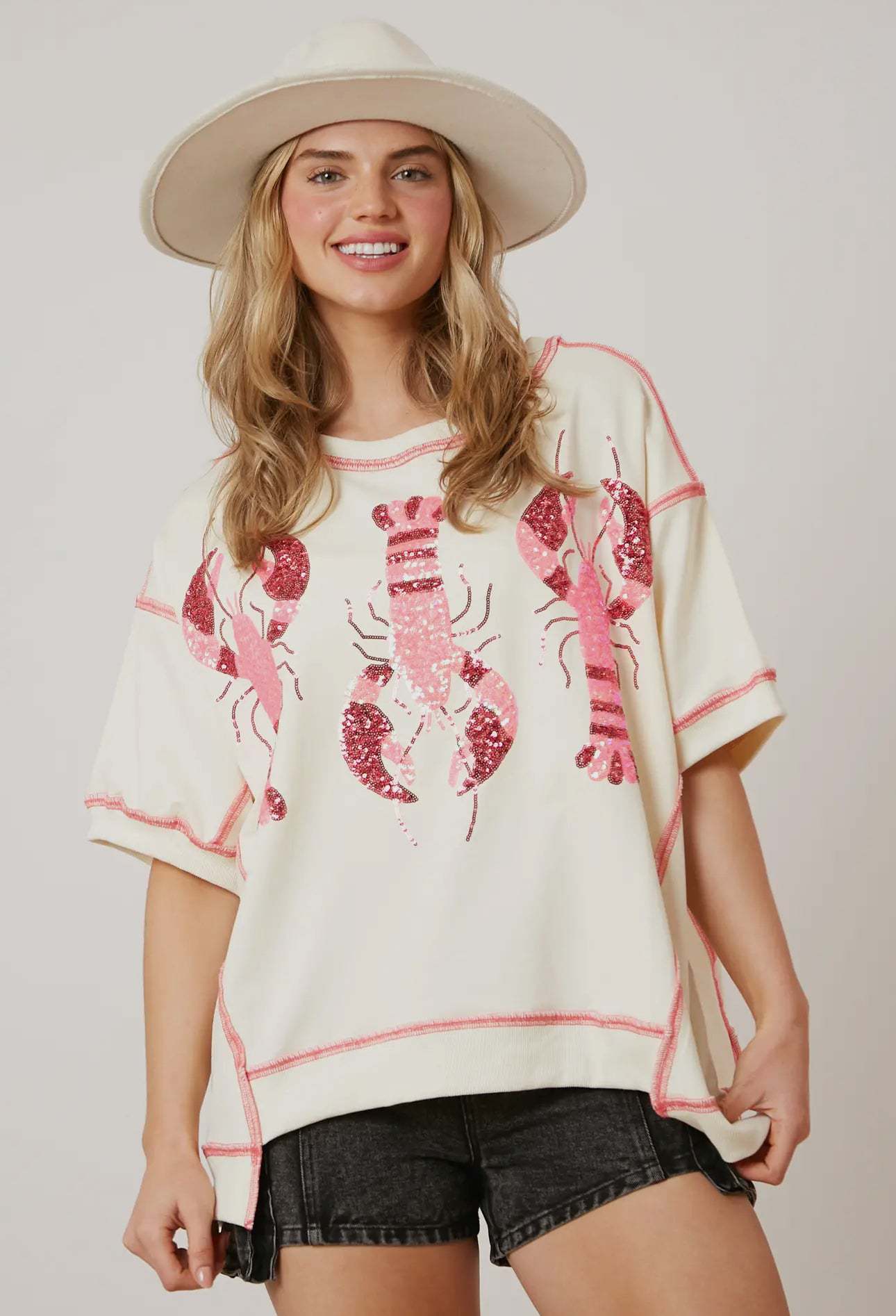 Summer Women Clothing Loose Casual Top Lobster Sequined T shirt Short Sleeve Women Ivory