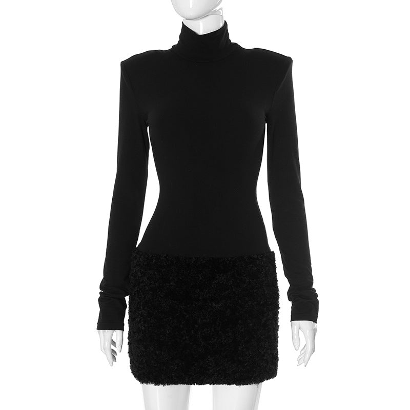 Women Clothing Autumn Winter High Neck Long Sleeve Slim Fit Elegant Furry Short Dress Black