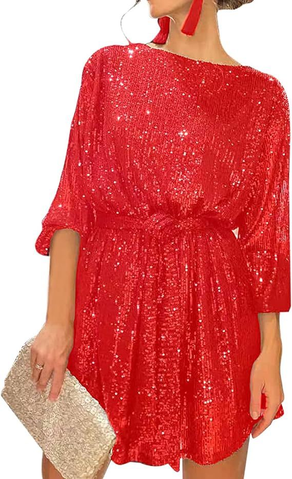 Summer Sequined Round Neck Long Sleeve Casual Loose Beaded Dress Red