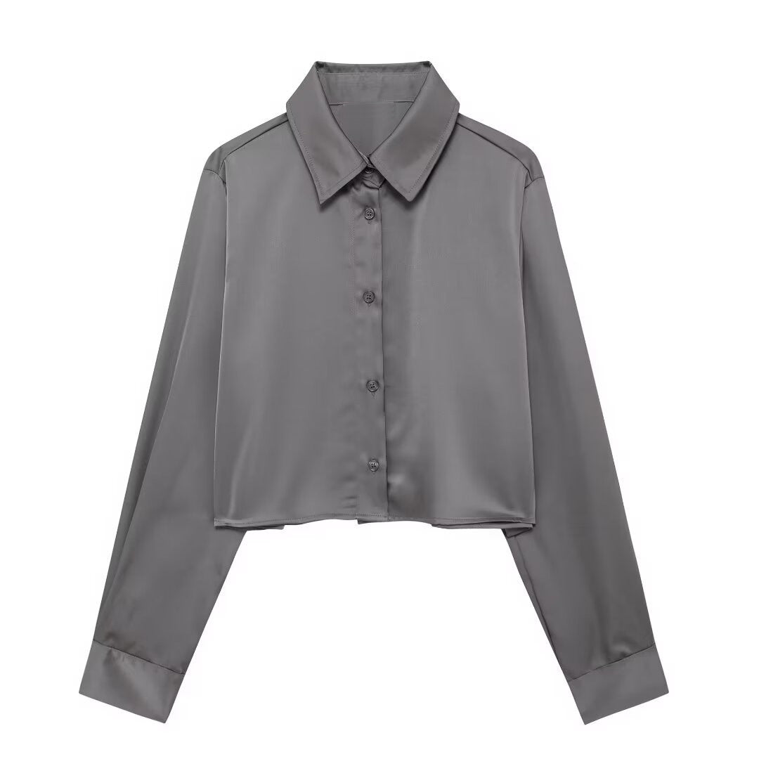 Women Clothing Simple Two Piece Sets Silk Satin Texture Long Sleeve Shirt Drape Skirt Dark Gray Shirt