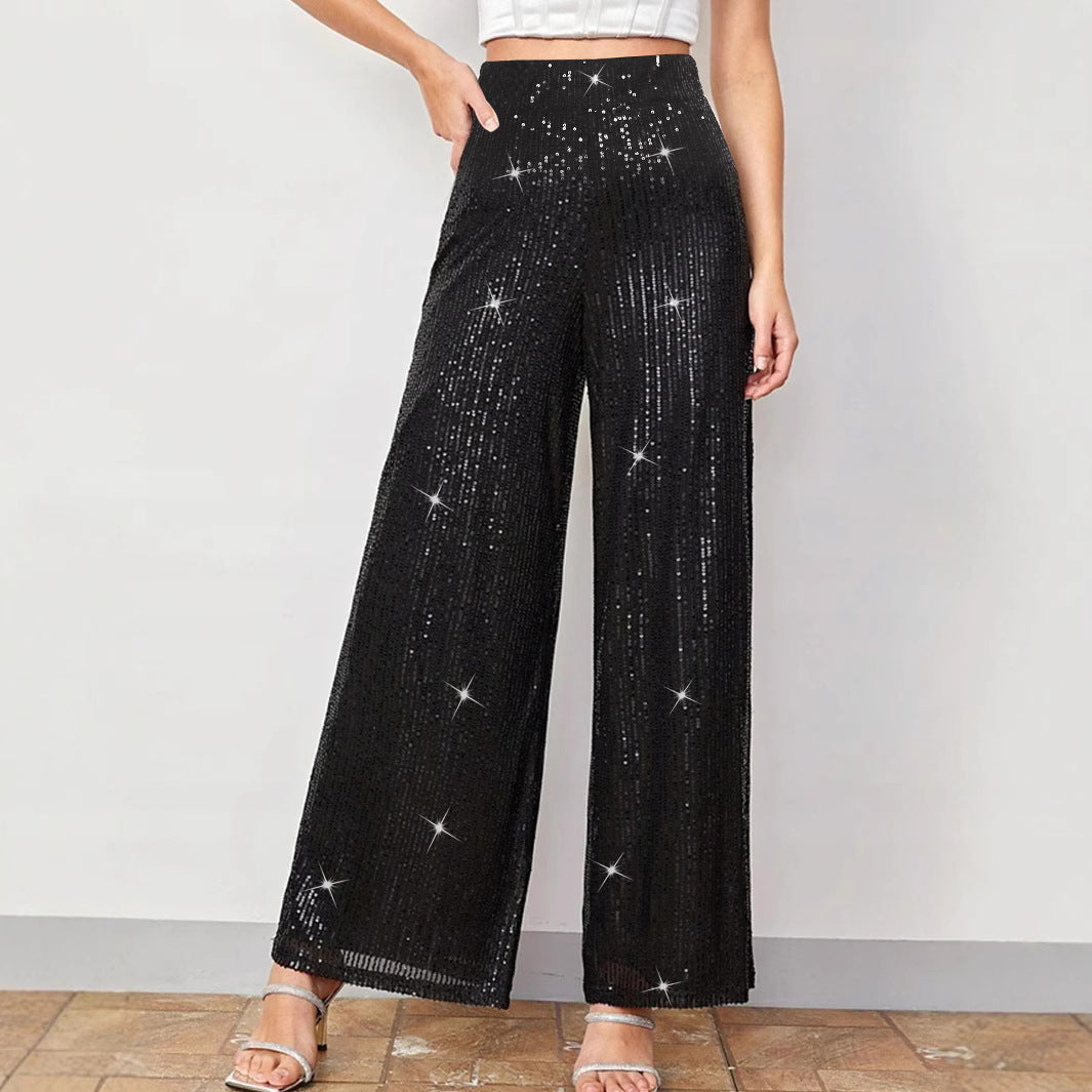 Women Clothing Elegant Sequined High Waist Party Wear Straight Leg Pants Wide Leg Pants Trousers