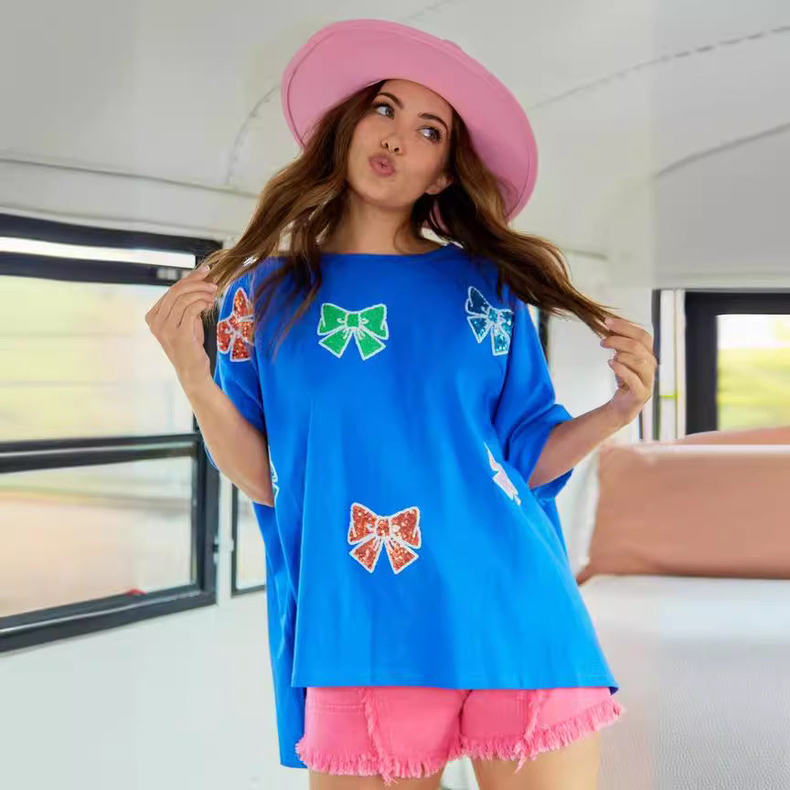 Spring Summer Bow Sequined Top Casual Loose Fitting T shirt Women