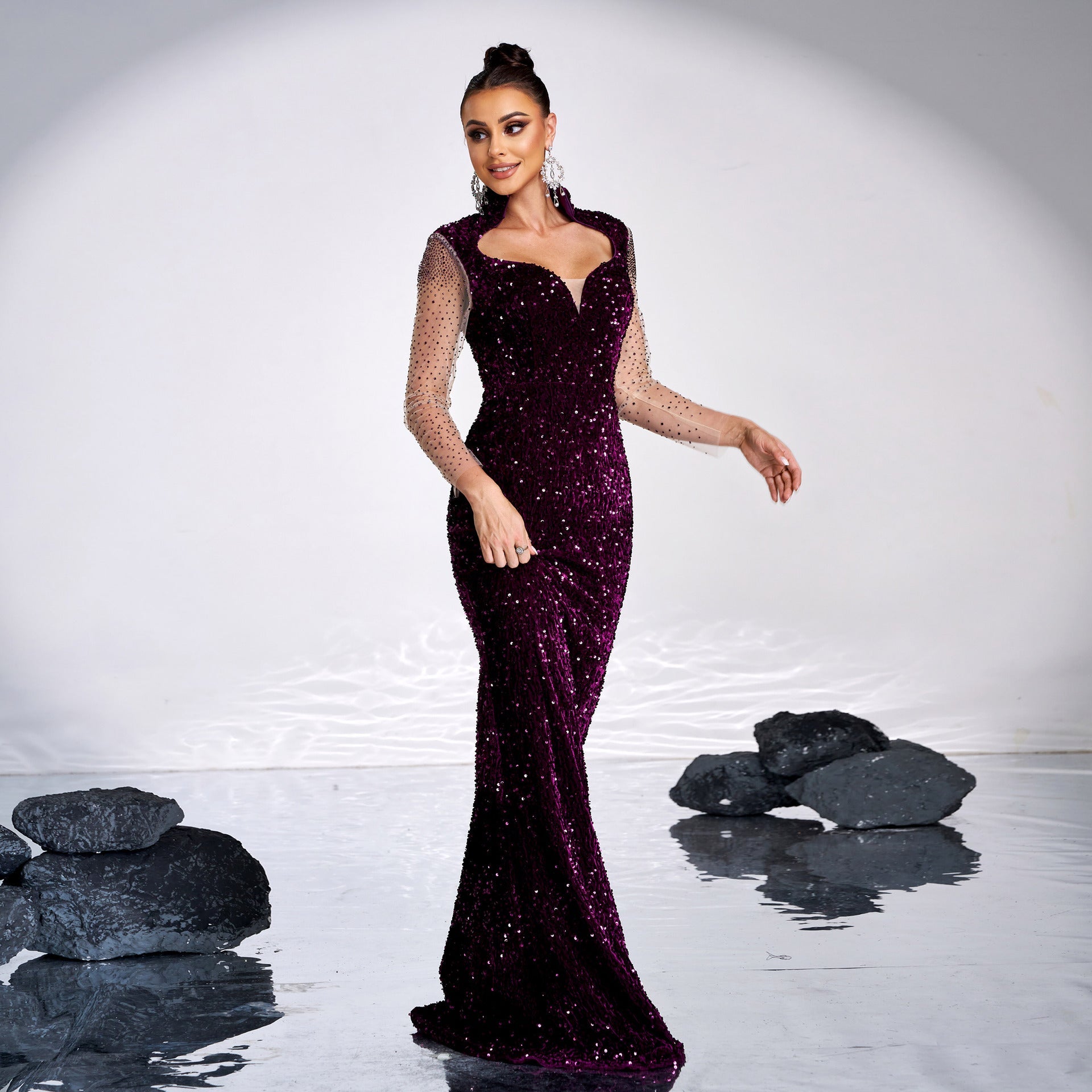 Women Clothing Premium Long Sleeve Square Neck Hip Wrapped Cocktail Sequined Rhinestone Fishtail Evening Dress