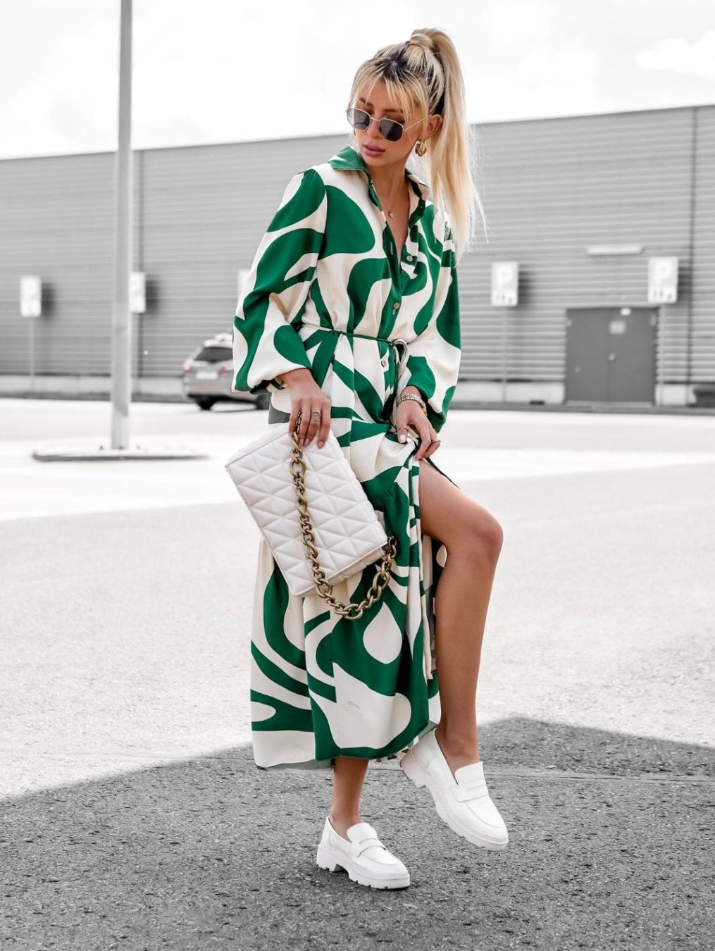 Women Autumn Printed Casual Lace up Shirt Dress Long Dress Green White Printing