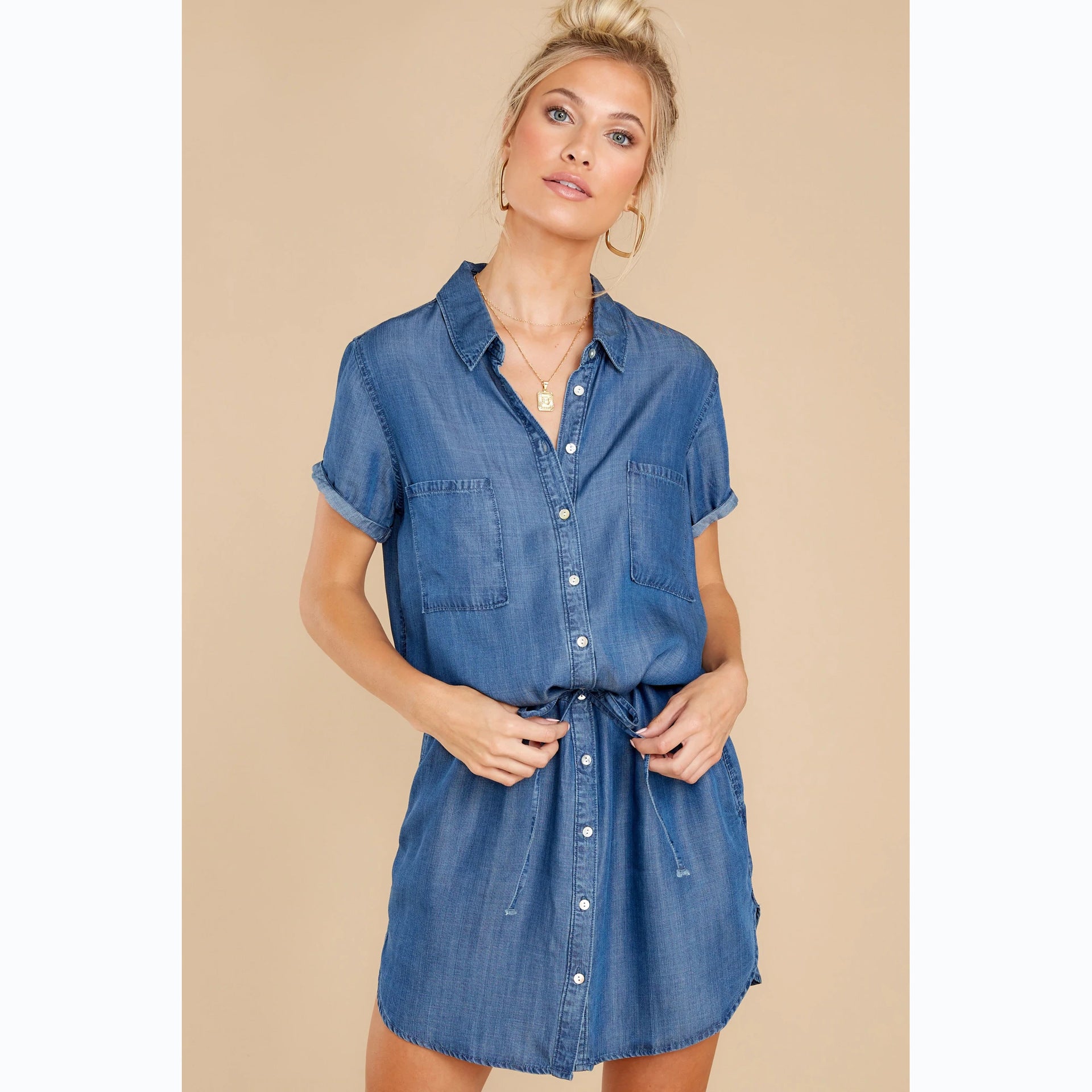 Spring Summer Casual Belt Single-Breasted Denim Dress