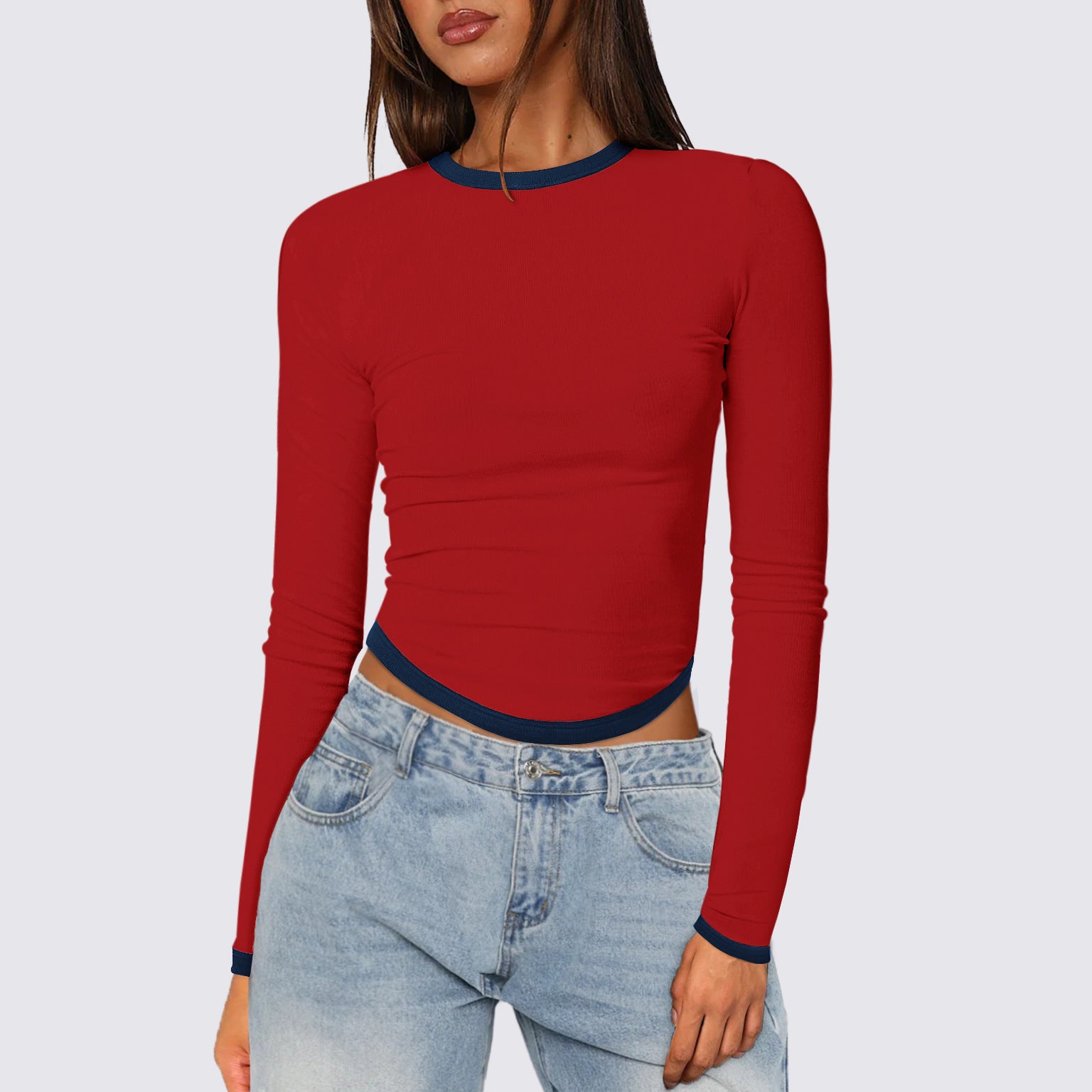 Women Clothing Spring Summer Long Sleeve round Neck Slim Fit Contrast Colors Short Pullover Top Women