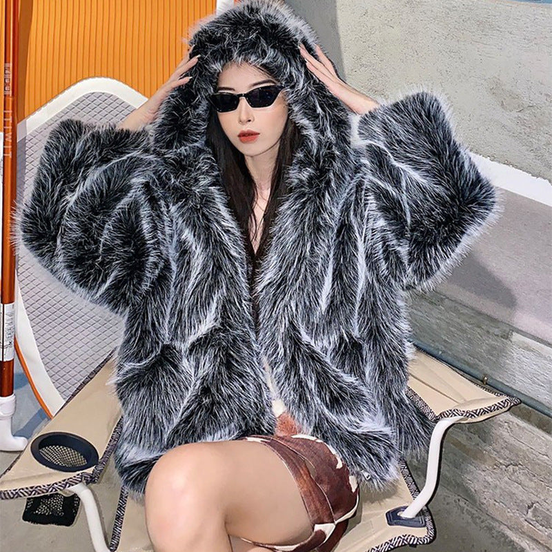 Women Faux Fox Fur Fur Hooded Jacket Women Online Influencer Winter Loose Fur Warm Lamb Wool Coat