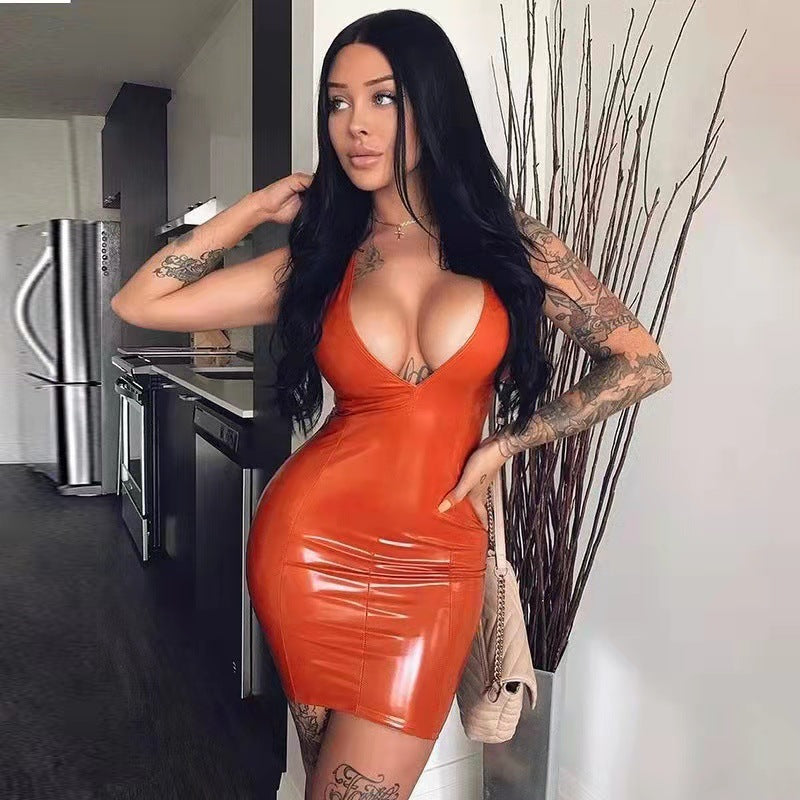 Women Clothing Sleeveless Sexy Large V neck Tight Waist Slimming Sheath Women Dress Orange