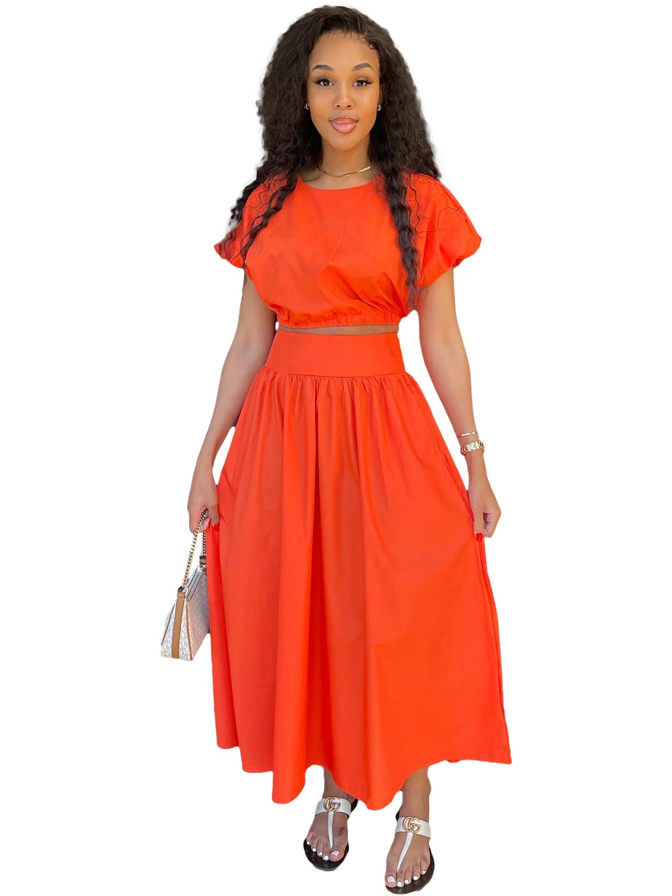 Women Clothing Lantern Sleeve High Waist Princess Dress Two Piece Sets Orange