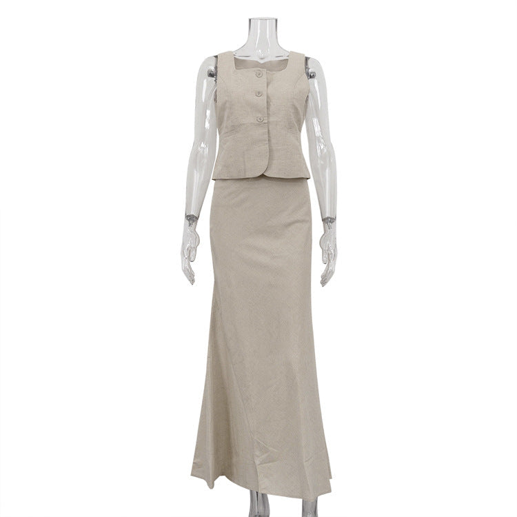 Women Clothing Autumn Cotton Linen High Sense Office Vest Jacket Hip Skirt Two Piece Set Khaki