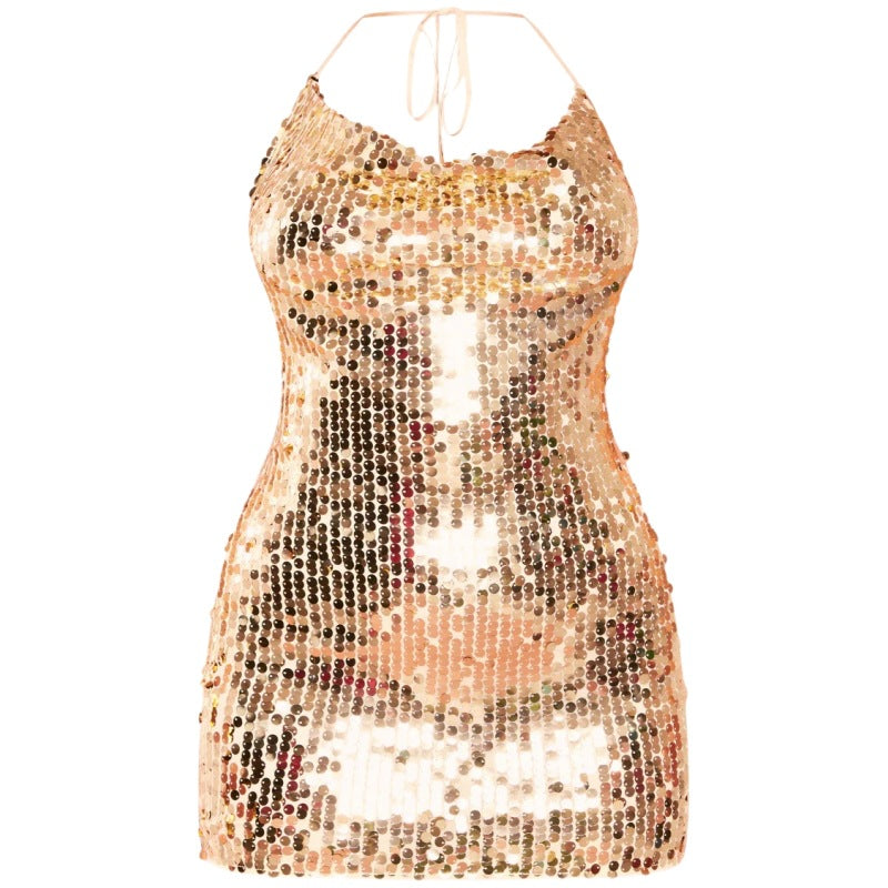 Women Sexy Sequin Sequin Sling Sheath Dress Nightclub Low Cut Backless Dress Women Gold