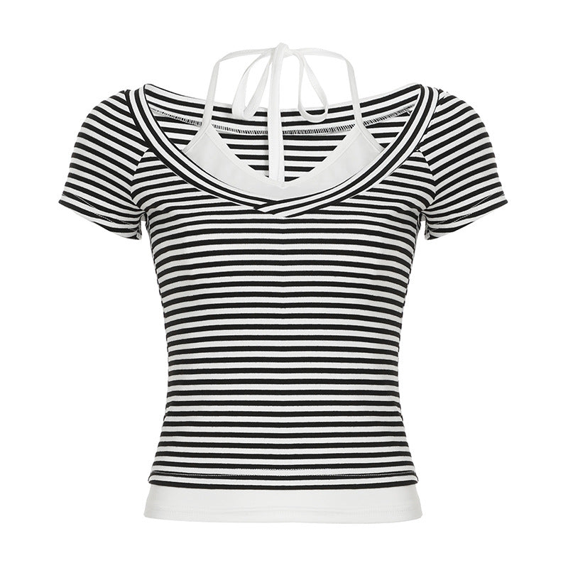 Summer Women Casual Halter Striped Contrast Colors False Two Piece Top Basic V neck T shirt Short Sleeve Black and white