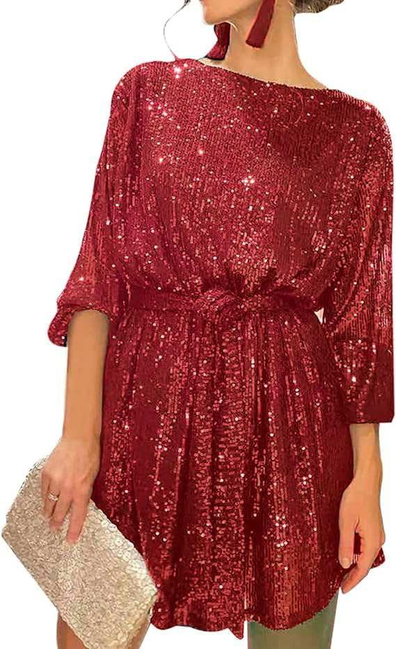 Summer Sequined Round Neck Long Sleeve Casual Loose Beaded Dress Jujube Red