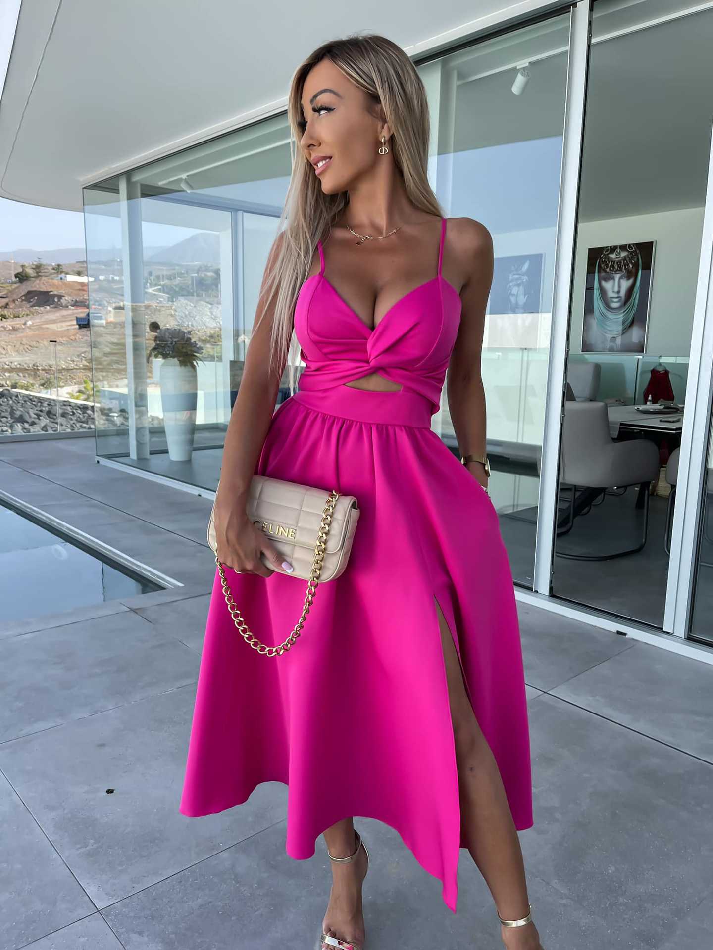 Summer Socialite Deep V Plunge neck Hollow Out Cutout- Big Slit Hemline Camisole Gown Dress Coral Red