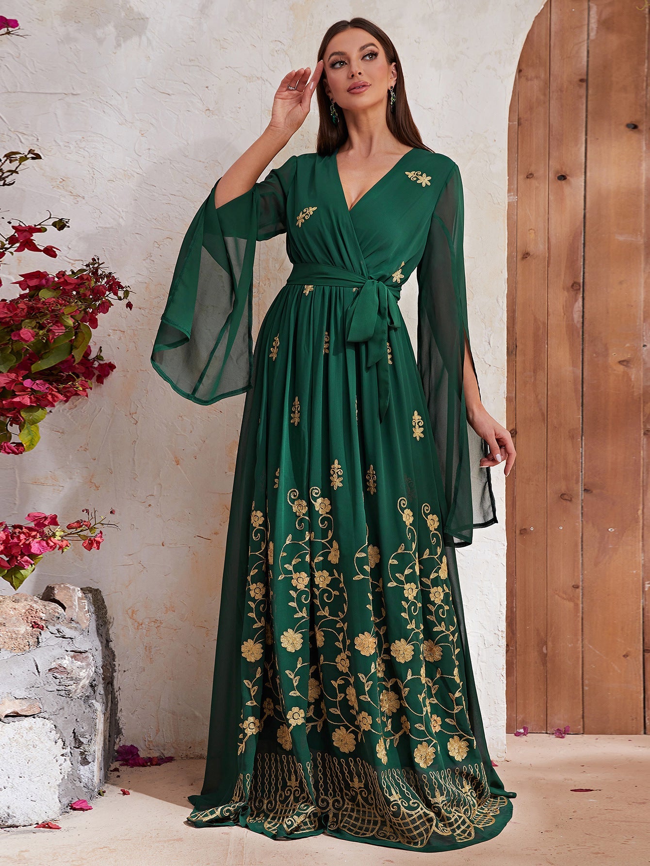 Vacation Dress Chiffon V Neck Split Long Sleeve Design Embroidered Dress Blackish Green