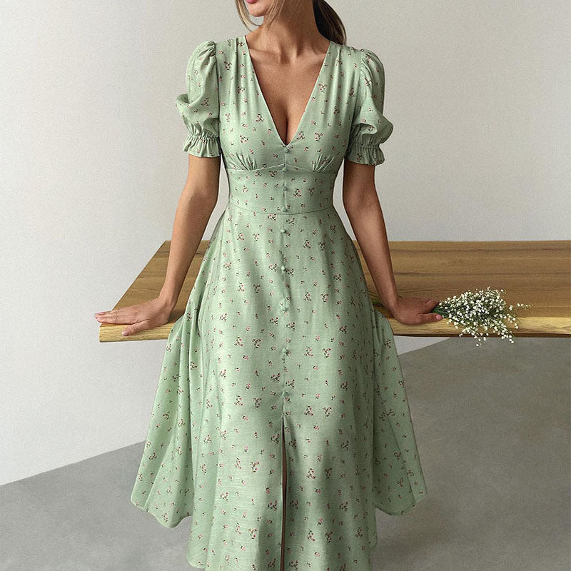 Women Clothing Elegant Printed V neck Lantern Sleeve Dress