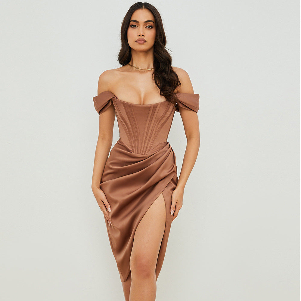 Women Clothing Sexy Bodycon Party Card Shoulder Tube Top Slim Fit Slit Solid Color Dress Brown