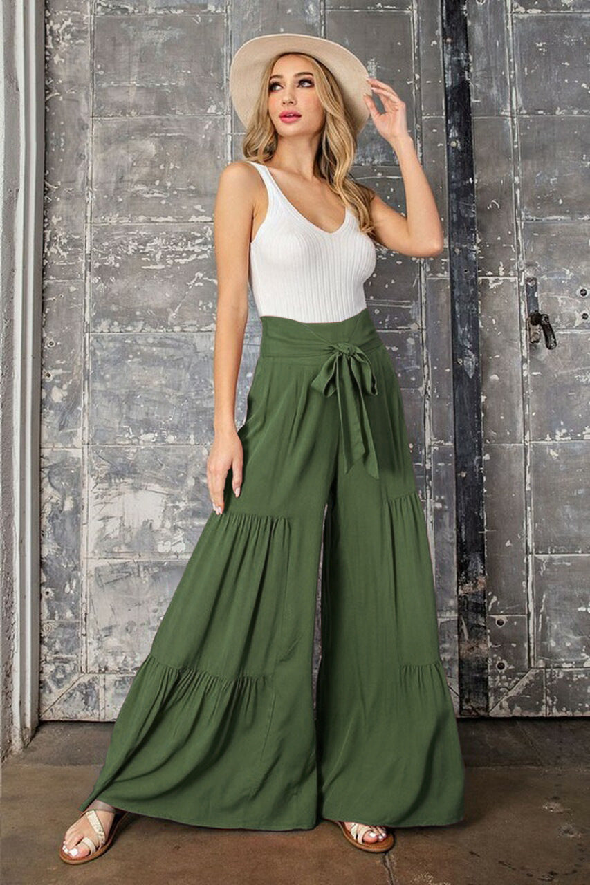 Women Clothing Bandage Elastic Waist Pleated Wide Leg Pants Casual Loose Trousers