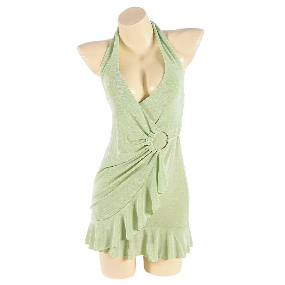 Women Autumn Hollow Out Cutout Exposed Neck Bandeau Sexy Glossy Stretch Dress Green