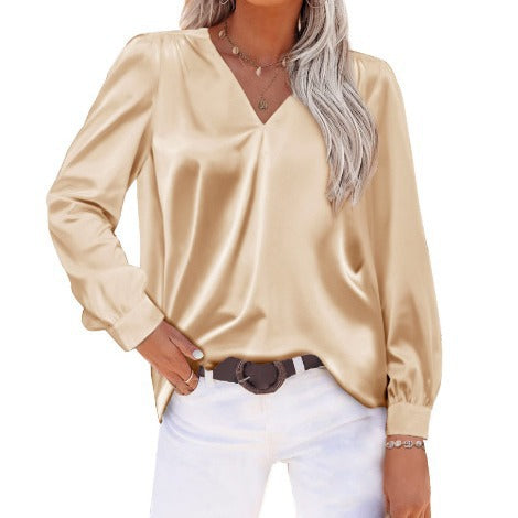 Women Satin Pleated Long Sleeved Top V neck Casual Loose Satin Office Shirt Apricot