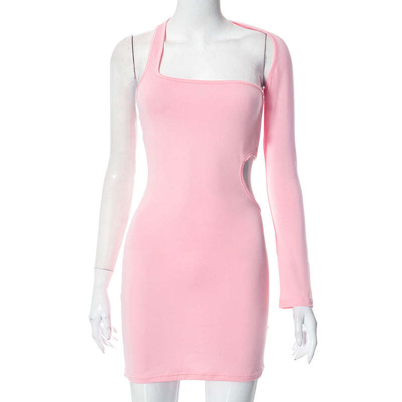 Women Clothing One Shoulder Long Sleeve Hollow Out Cutout Sheath Sexy Dress Pink