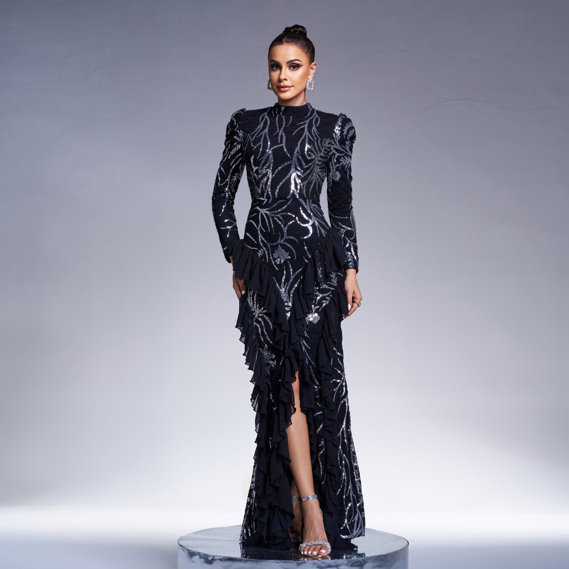 Women Long Long Sleeve round Neck Cocktail Sequined Fishtail Evening Dress Dress Black