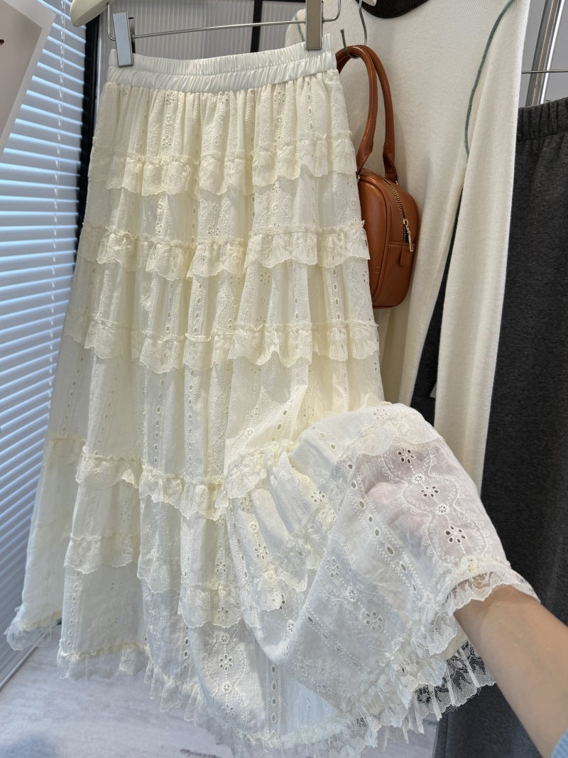 Spring Summer Wear Cotton Embroidered Lace Tiered A line Slimming Mid Length Umbrella Skirt One Size Apricot