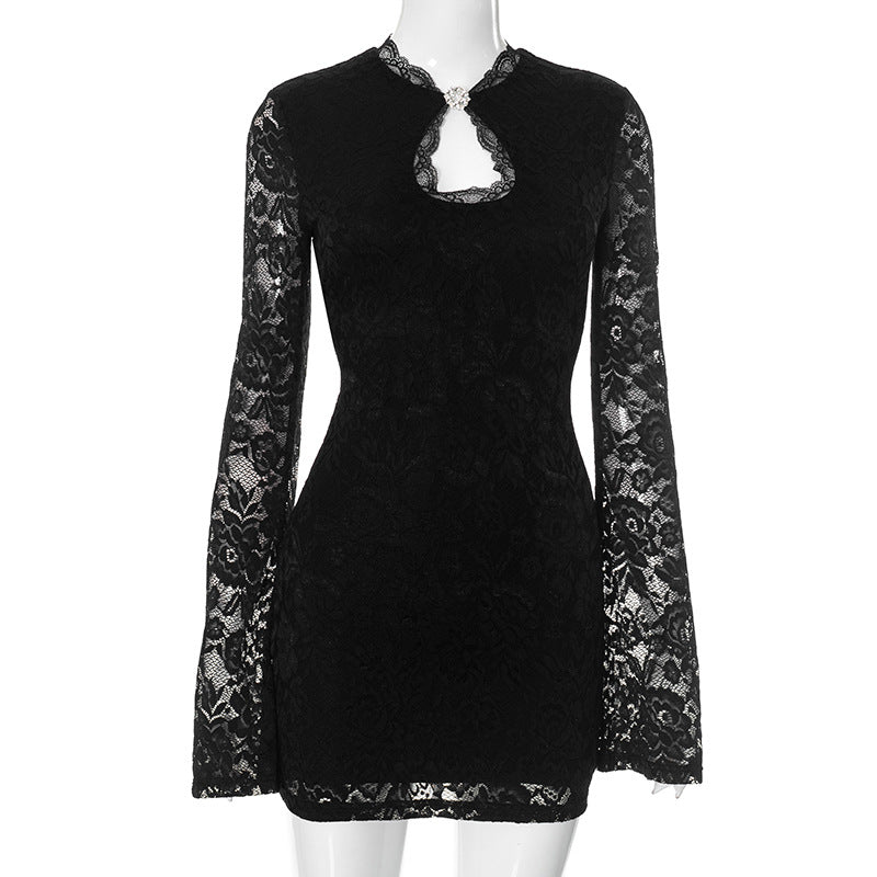 Women Clothing Lace Stitching Sexy Elegant Waist Hip Dress Black