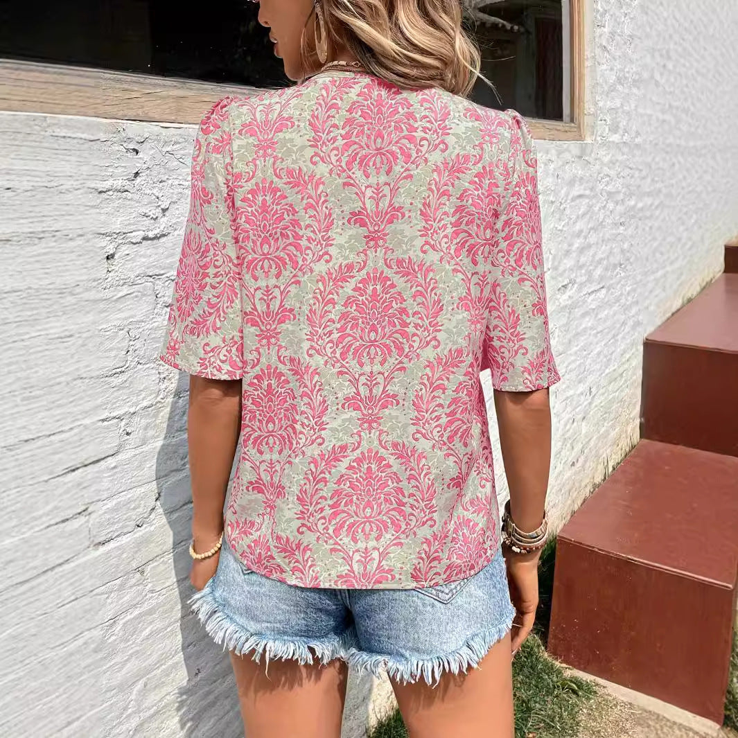 Women Clothing Spring Autumn Floral Print Round Neck Short Sleeve Women Shirt