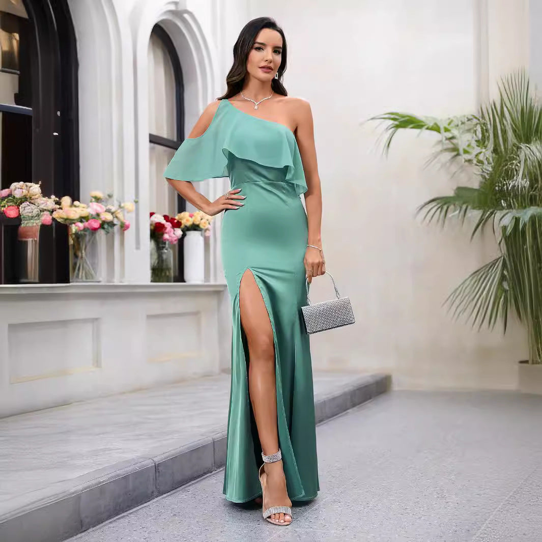 Women Clothing Diagonal Collar off the Shoulder Dress Solid Color Waist Tight Elegant Graceful Dress High Slit Maxi Dress