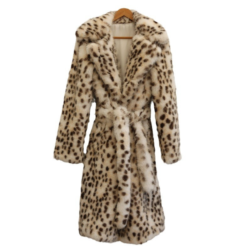 Women Leopard Print Faux Fur Coat Fox Fur Long Cut Coat Toka Wool Collar Belt Mink Velvet Trench Coat