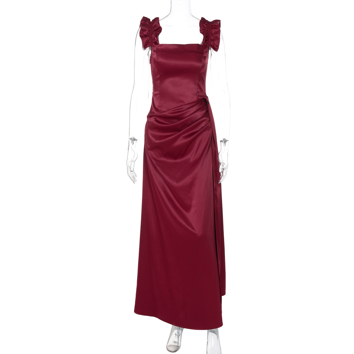 Women Clothing Spring Summer Sexy Back Lace up Waist Controlled Shoulder Strap Dress Burgundy