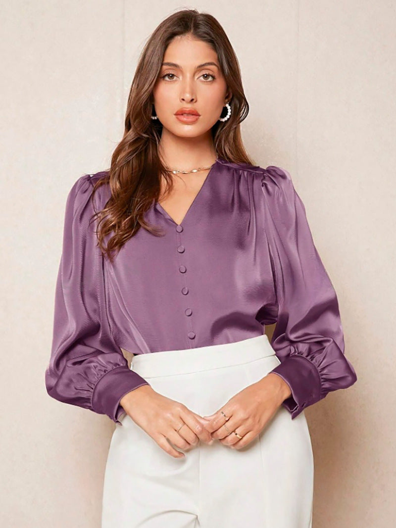 V neck Pullover Top Shirt Women Satin Office Top Women Clothing Direct violet