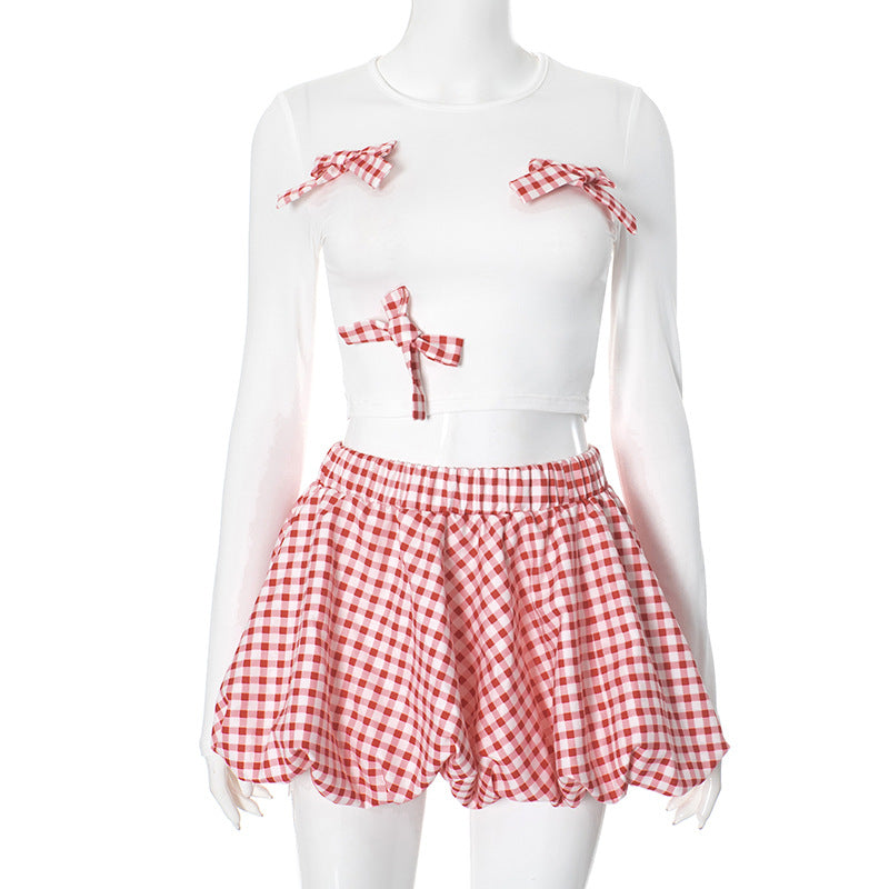 Women Clothing Plaid Bow Decorative Top Contrast Color Bud Skirt Set White