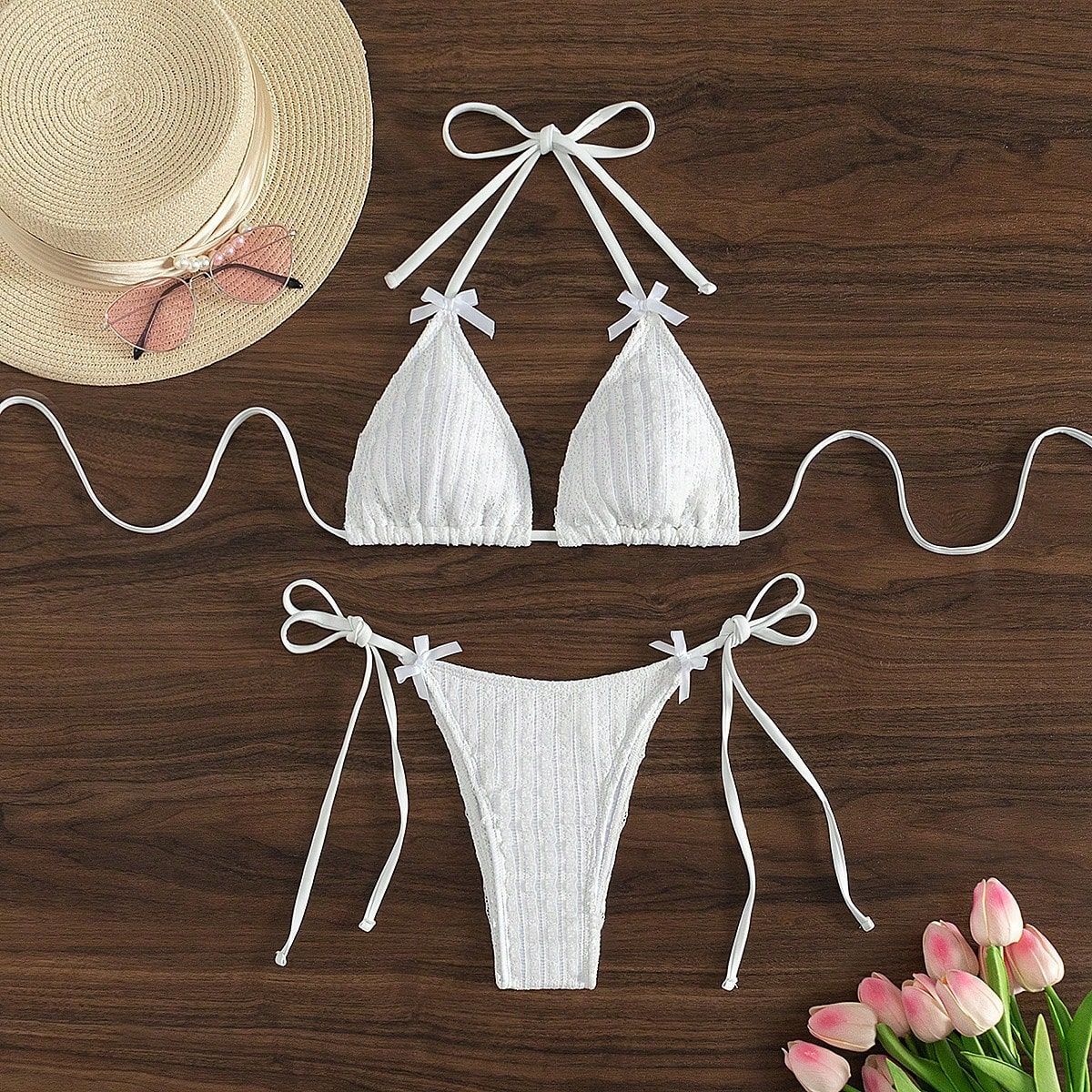 Swimwear Solid Color Bikini Lace up Halterneck Sexy Bikini Bow Small Fresh Women White