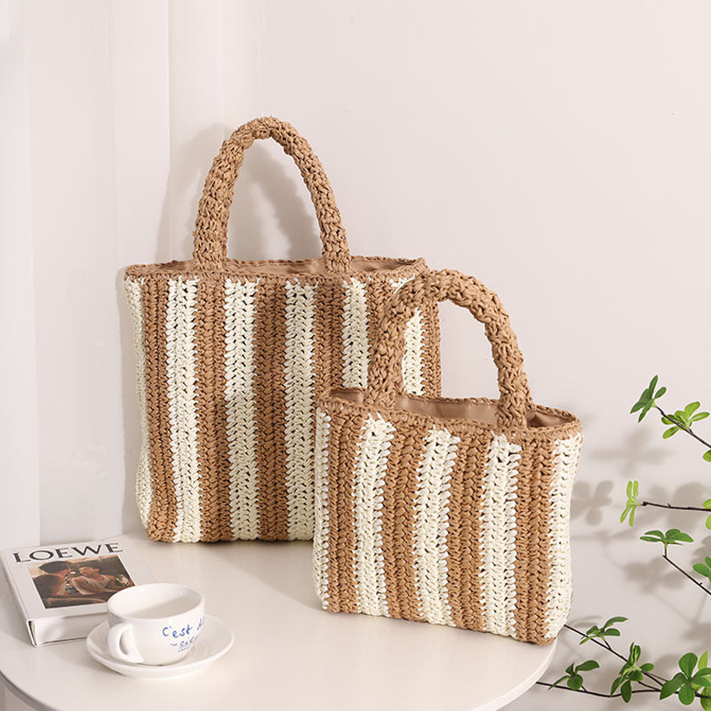 Vertical Stripes French Straw Bag Portable Contrast Color Straw Bag Woven Bag Women's Bag Seaside Vacation Beach Bag