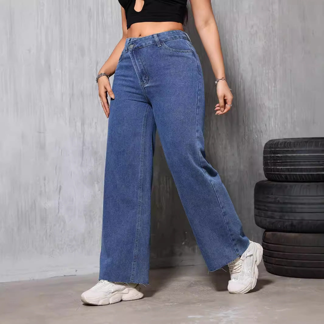 Women Clothing Retro Blue Worn Jeans Women Summer Straight Loose Thin High Waist Drooping Casual Denim Trousers