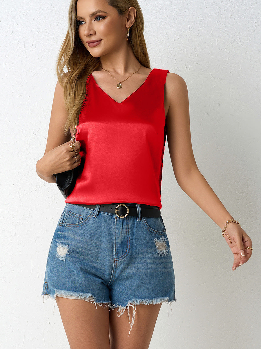 Women Spring Summer Satin Vest V neck Casual Camisole Sleeveless Shirt Summer Red