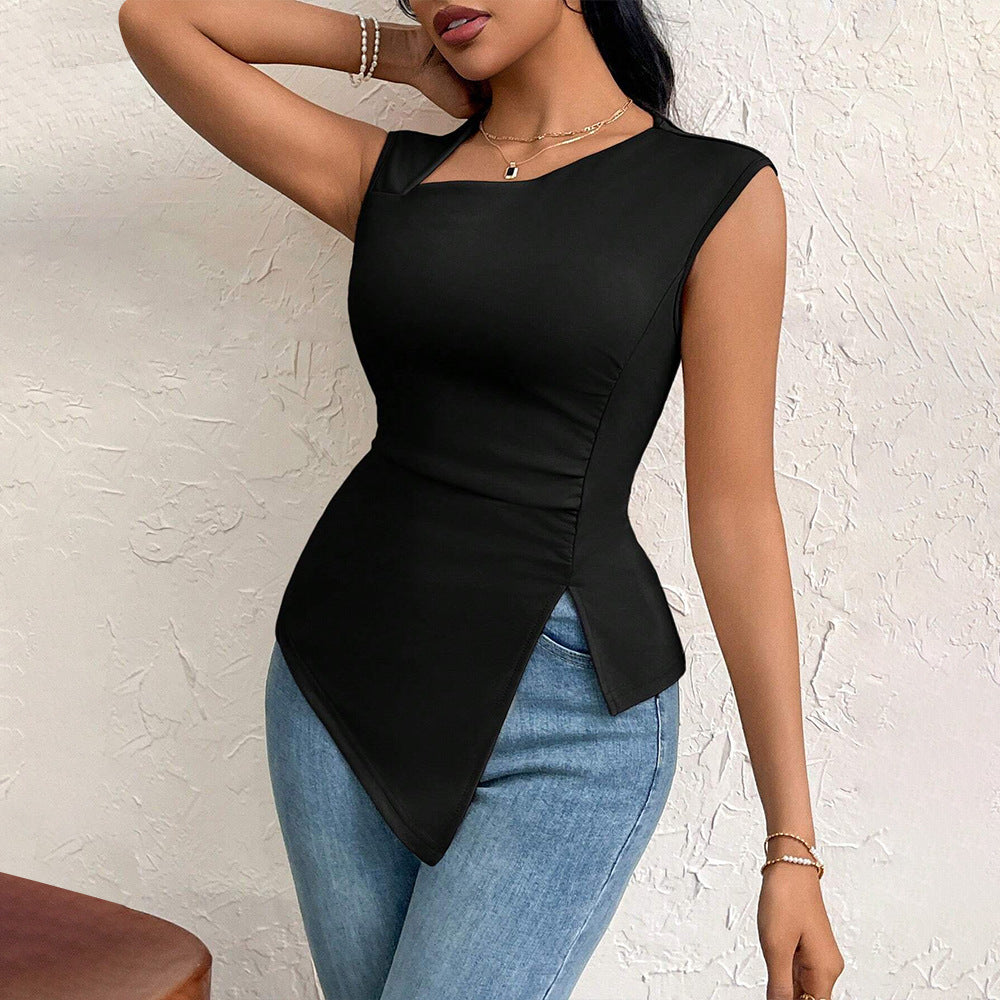 Women Clothing Elegant T shirt Spring Summer Diagonal Collar Slim Short Solid Color Top