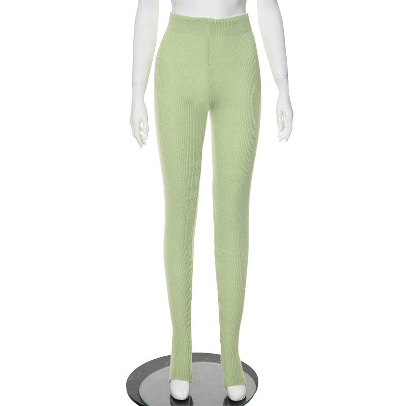 Women Clothing Woolen Tight Trousers High Waist Hip Lift Stirrup Leggings Green