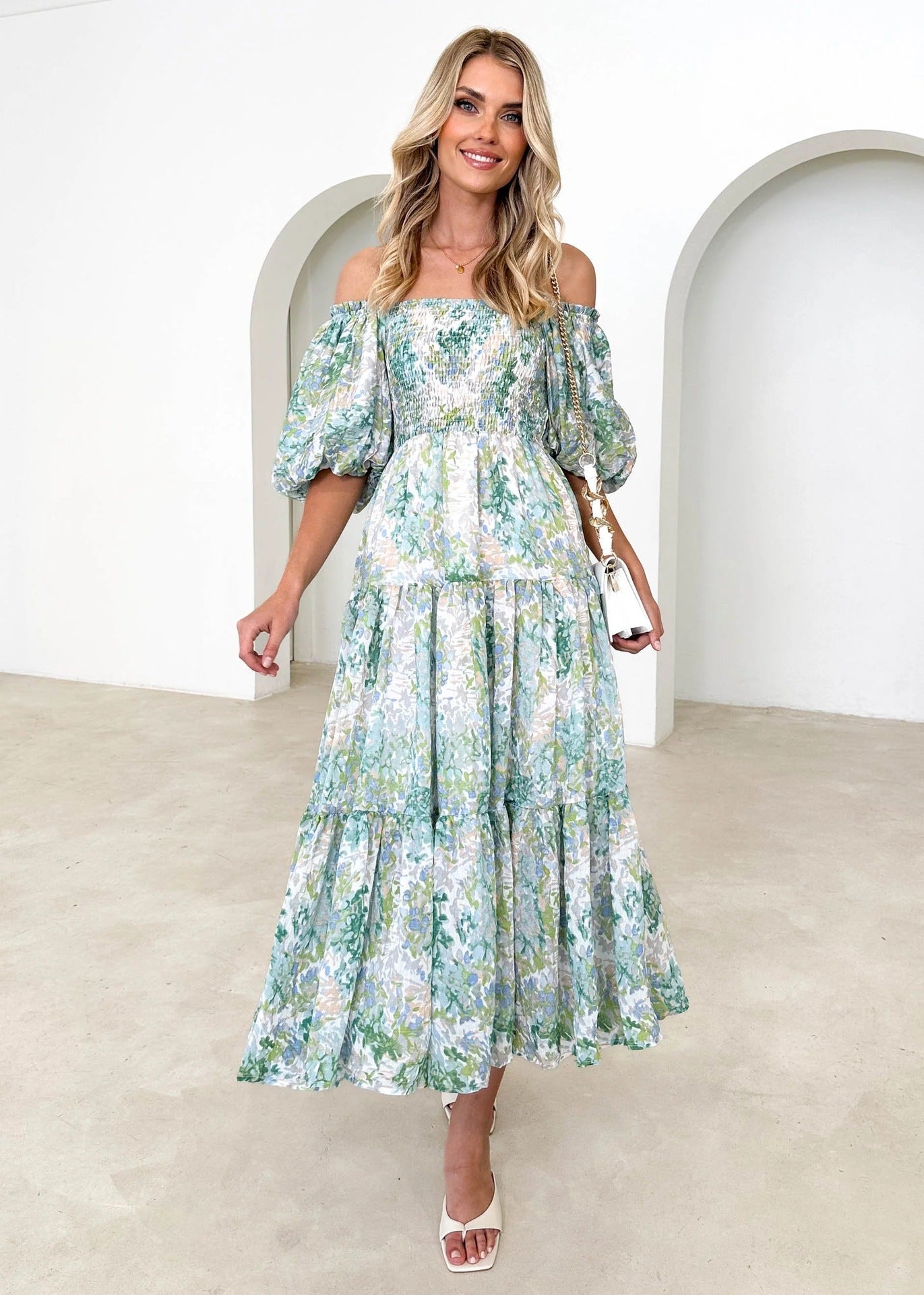 Summer Vacation Bubble Sleeve Printing French Tiered Dress